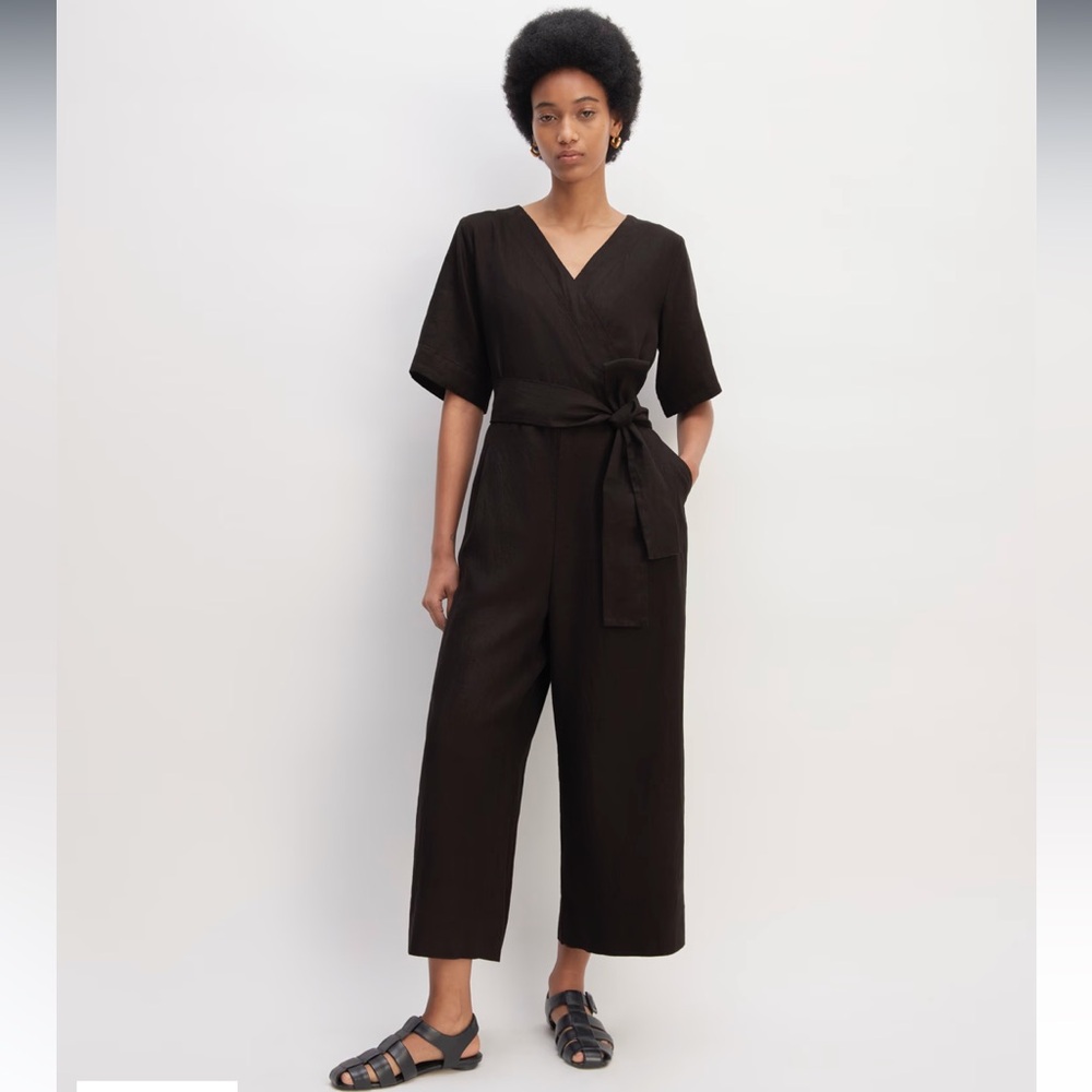 Everlane The Wrap Jumpsuit Black Linen Size 4 NWT